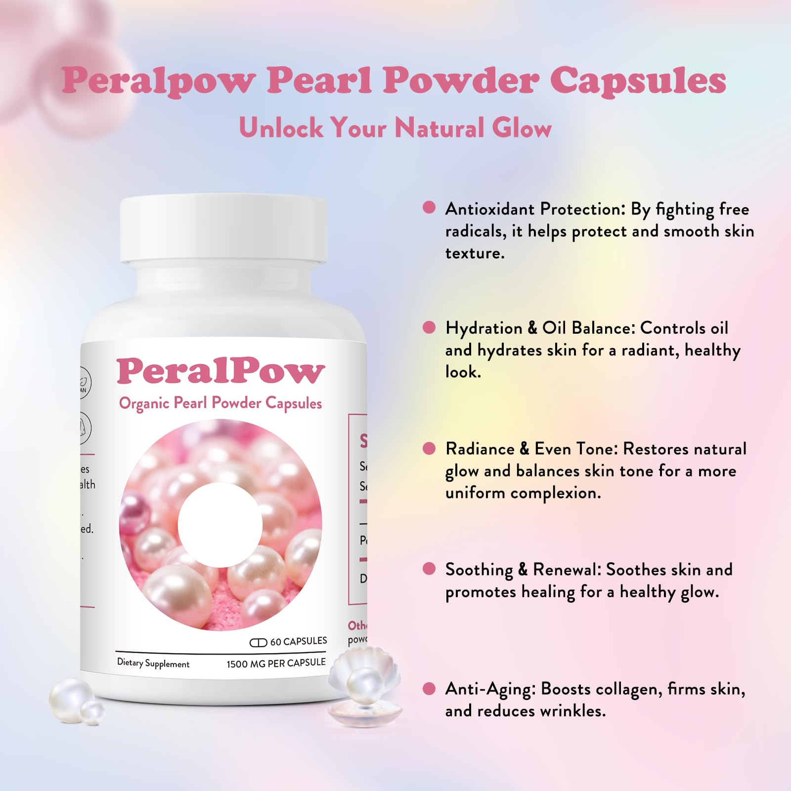 Peralpow 1500mg pearl capsules closeup shows premium glow potential.