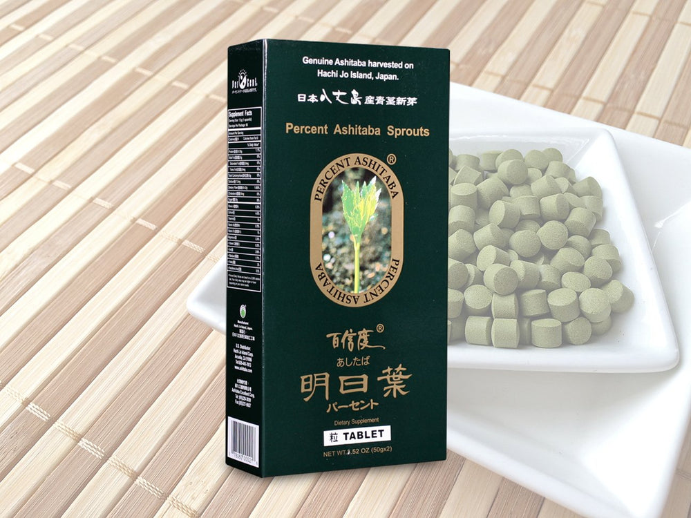 Percent Ashitaba Tablet closeup shows tablet texture and natural nutrients
