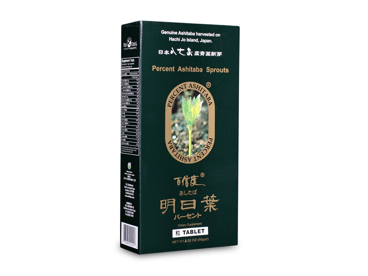 Percent Ashitaba Tablet packshot highlighting natural ingredients for daily wellness