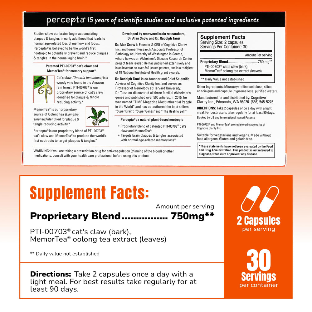 Percepta capsules closeup showing natural ingredients for cognitive health