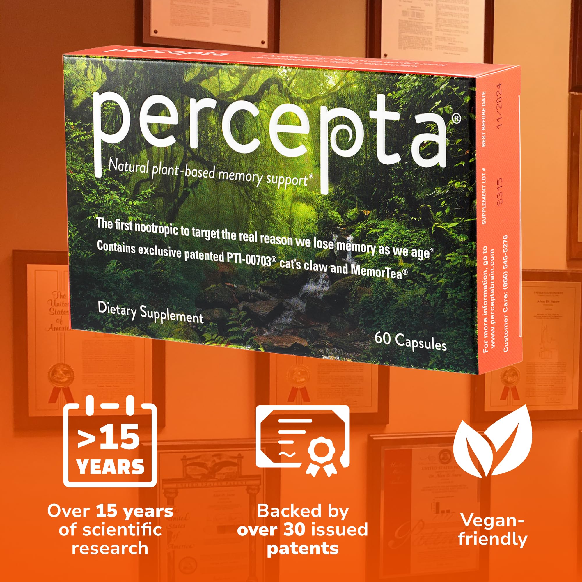Percepta ingredients label highlights PTI-00703 cat's claw and MemorTea