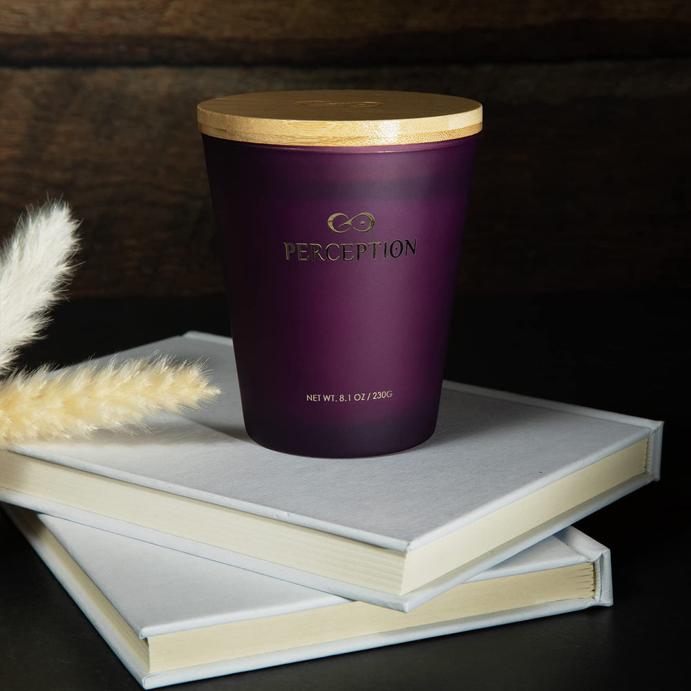 PERCEPTION AROMAS Lavender Vanilla candle lit at dusk creates cozy mood
