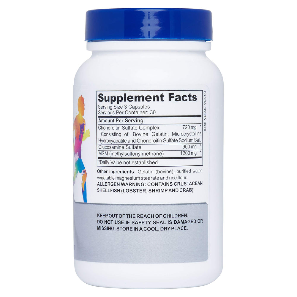 Ingredients chart emphasizing glucosamine, chondroitin, and MSM