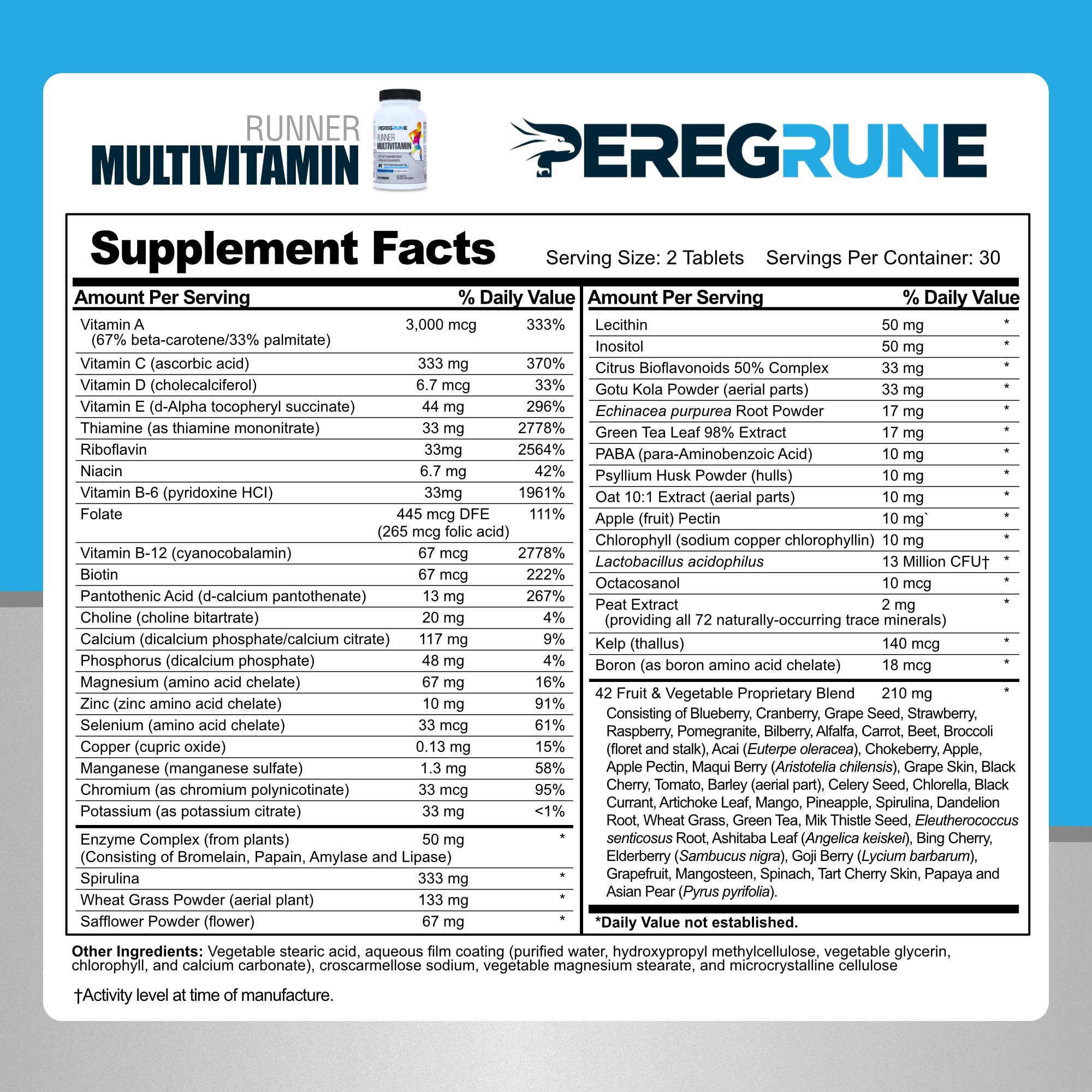PEREGRUNE Runner Multivitamin label-closeup shows complete B-Complex.