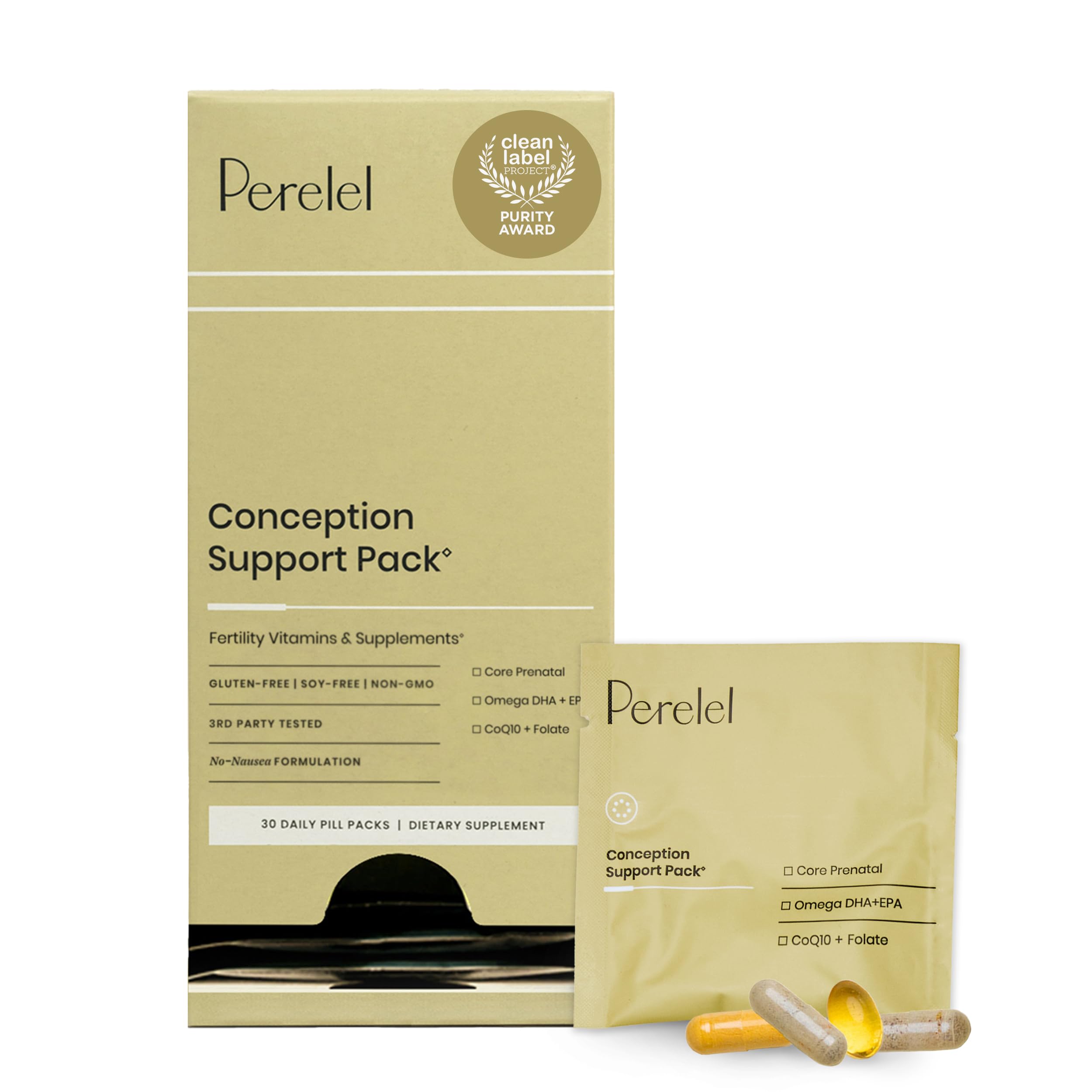 Perelel Conception Pack front label displaying complete fertility support vitamins