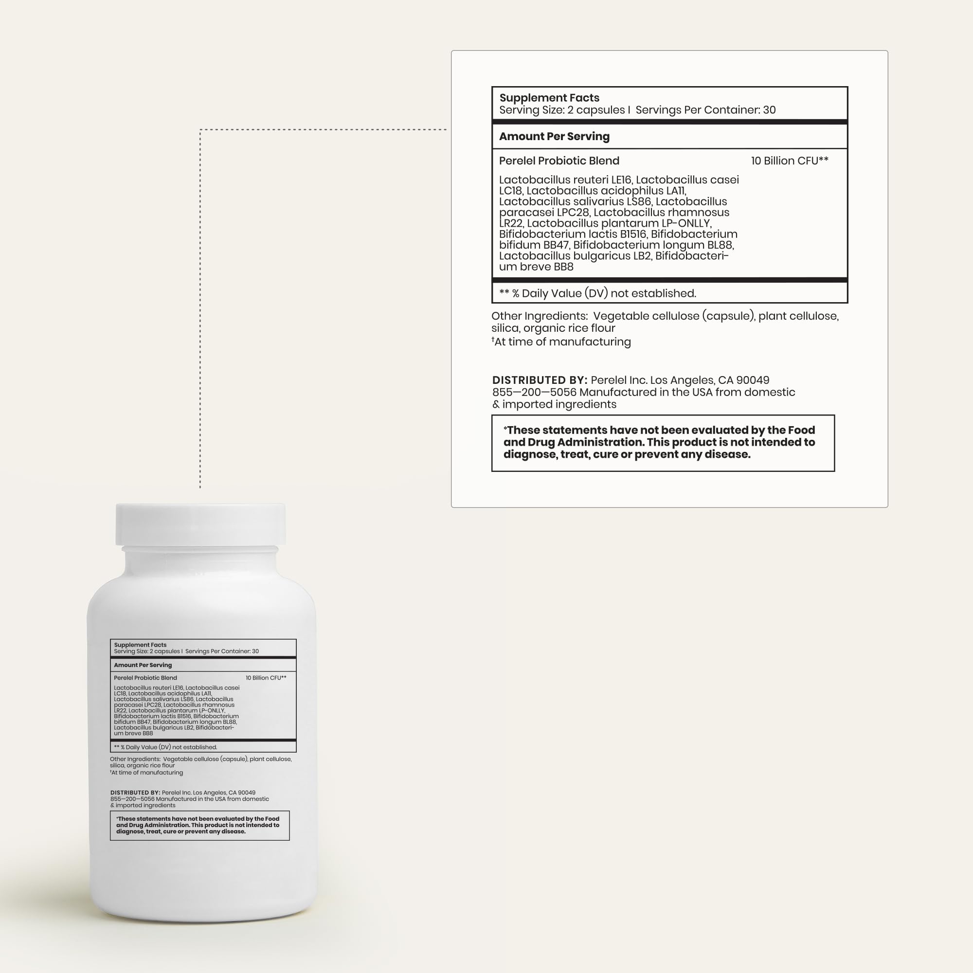 Perelel Daily Probiotic packaging showing gluten-free and non-GMO labels.