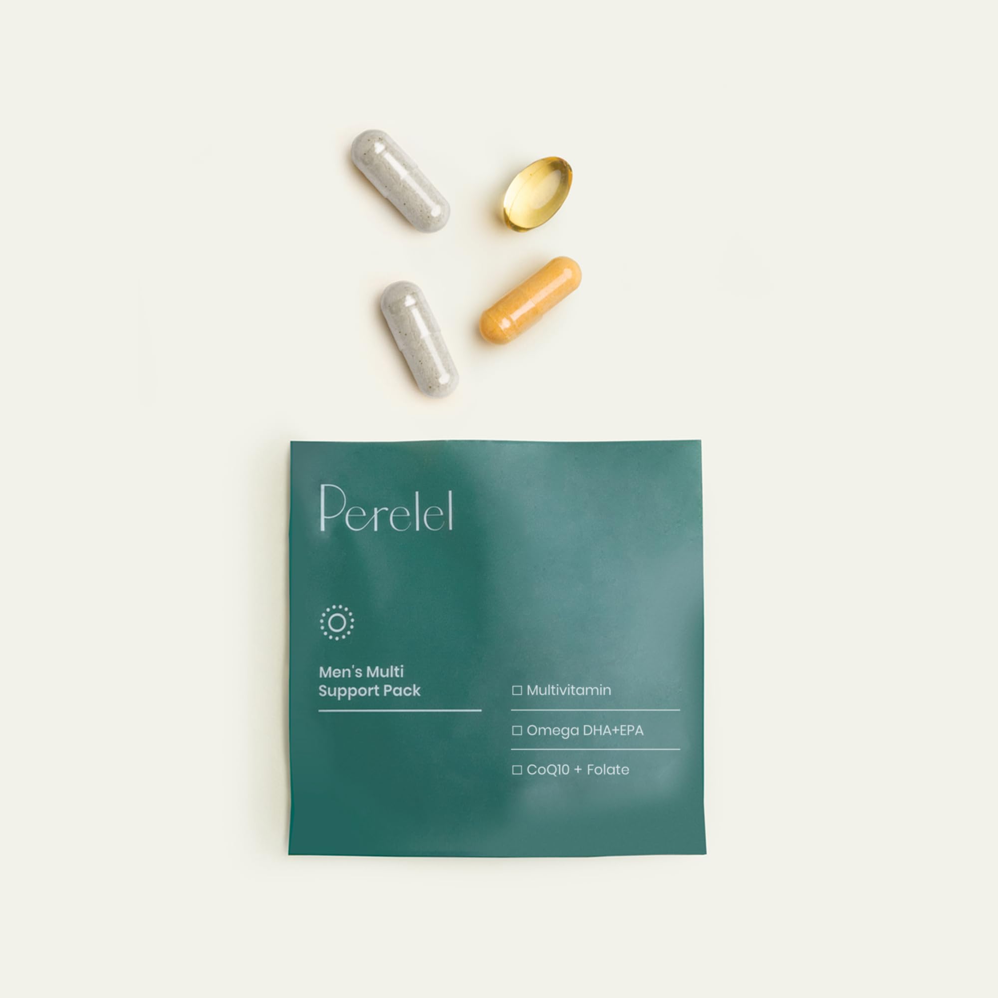 Perelel Men’s pack close-up of Omega DHA + EPA softgel for heart and brain support.