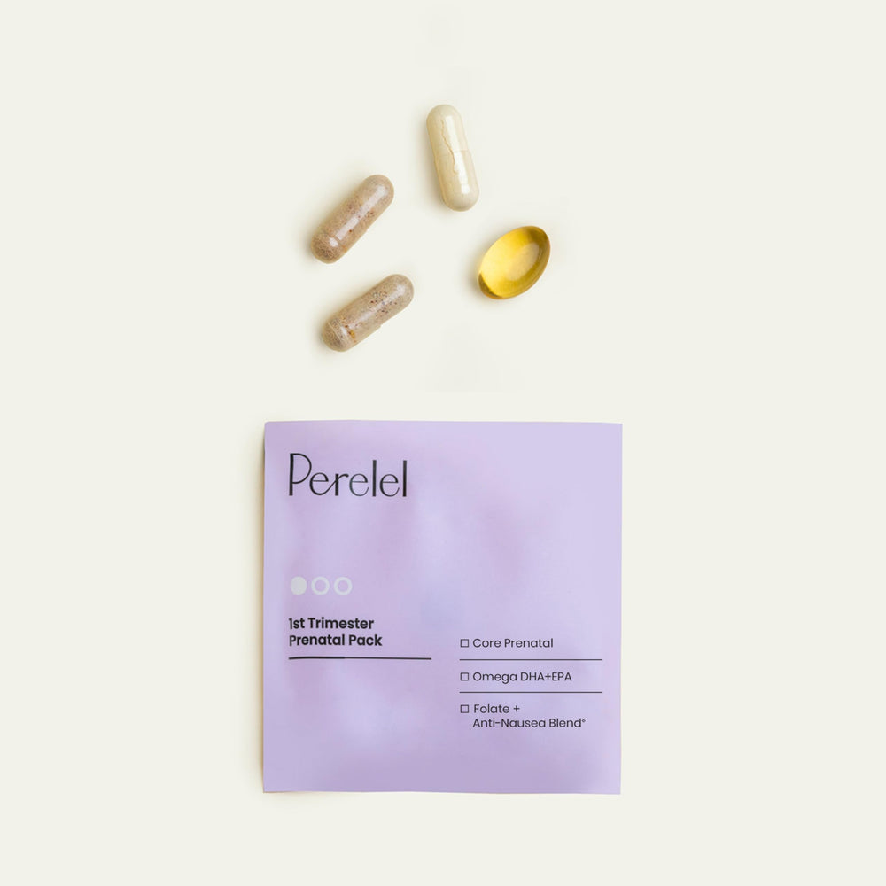 Perelel Omega DHA softgel shown as part of balanced early pregnancy nutrition