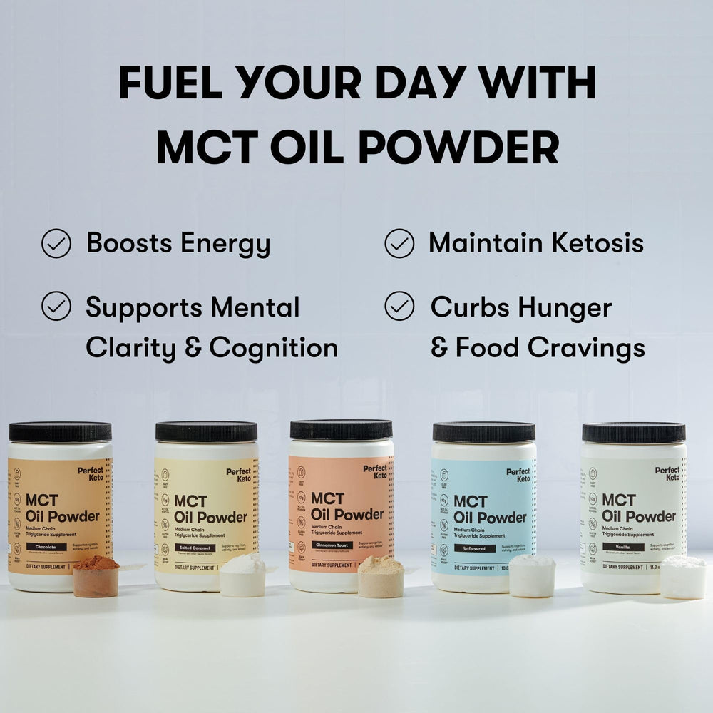 Perfect Keto 7g MCT Oil Powder chocolate flavor in a prepared drink