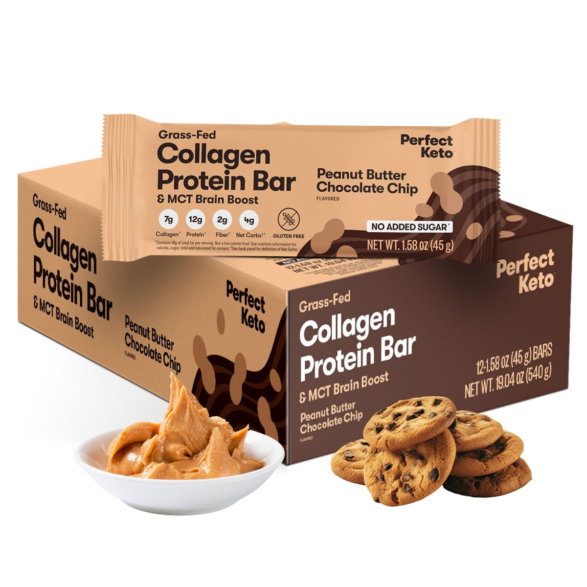 Perfect Keto Collagen Bar packaging shows a gluten-free, on-the-go snack.