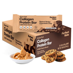 Perfect Keto Collagen Bar packaging shows a gluten-free, on-the-go snack.