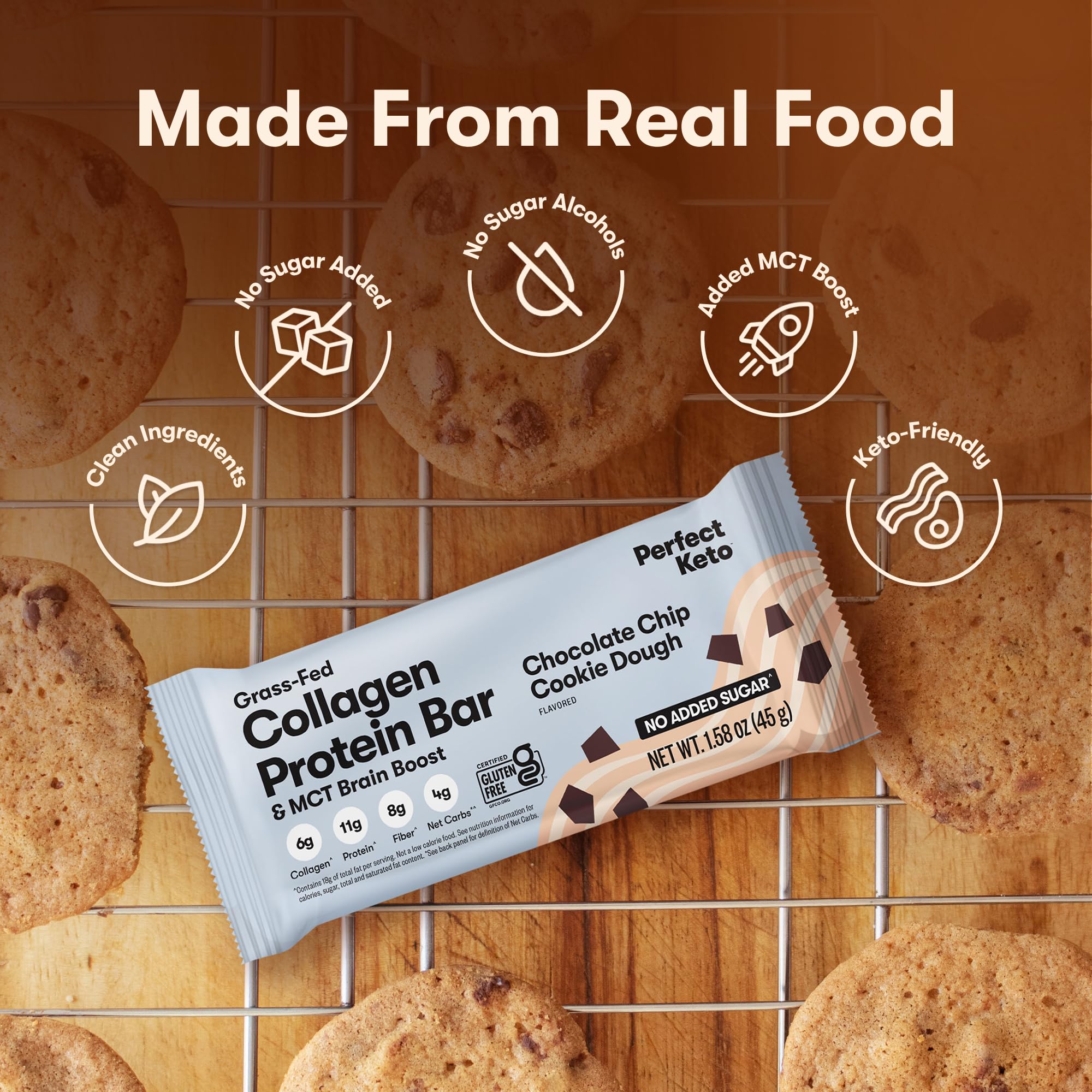 Perfect Keto Collagen Bars Chocolate Chip close-up showing chocolate chips.