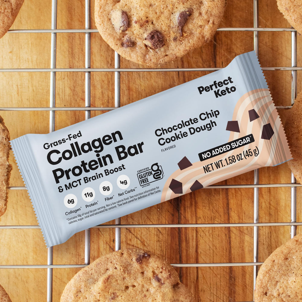 Perfect Keto Collagen Bars Chocolate Chip ingredients display clean, high-protein fuel.