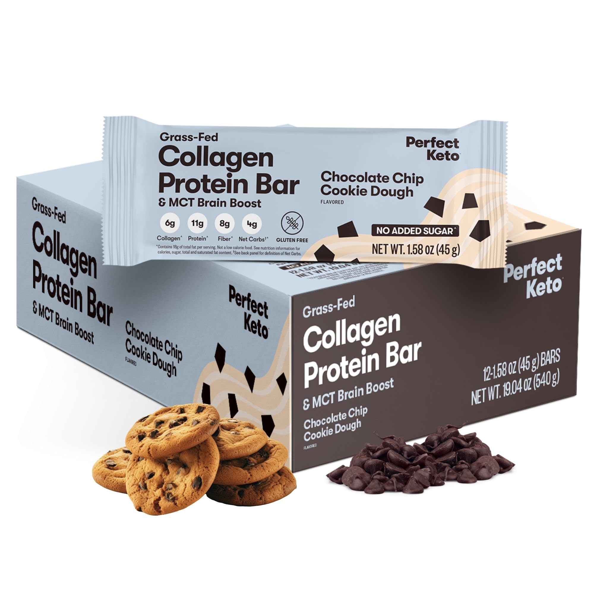 Perfect Keto Collagen Bars Chocolate Chip pack for on-the-go keto snacking.