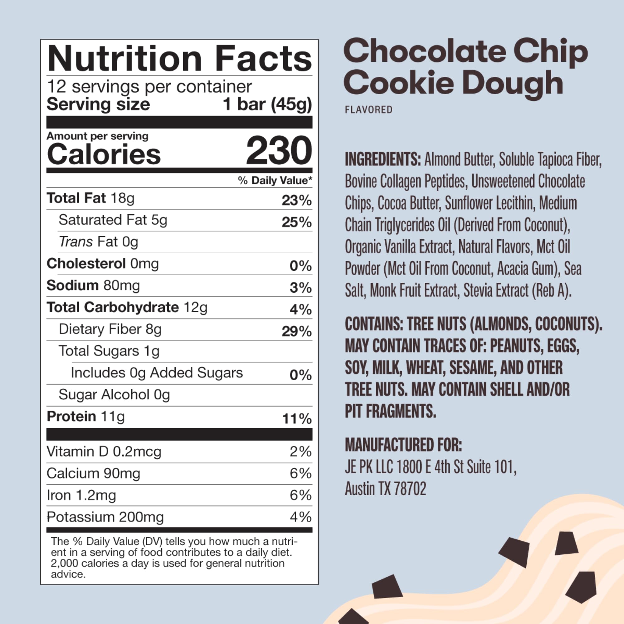 Perfect Keto Collagen Bars Chocolate Chip packaging highlights keto-friendly snack.