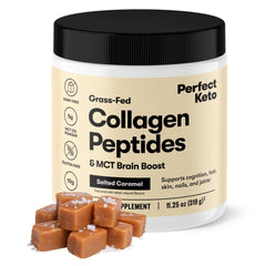Perfect Keto Collagen Peptides powder tub shown for easy daily use in beverages.