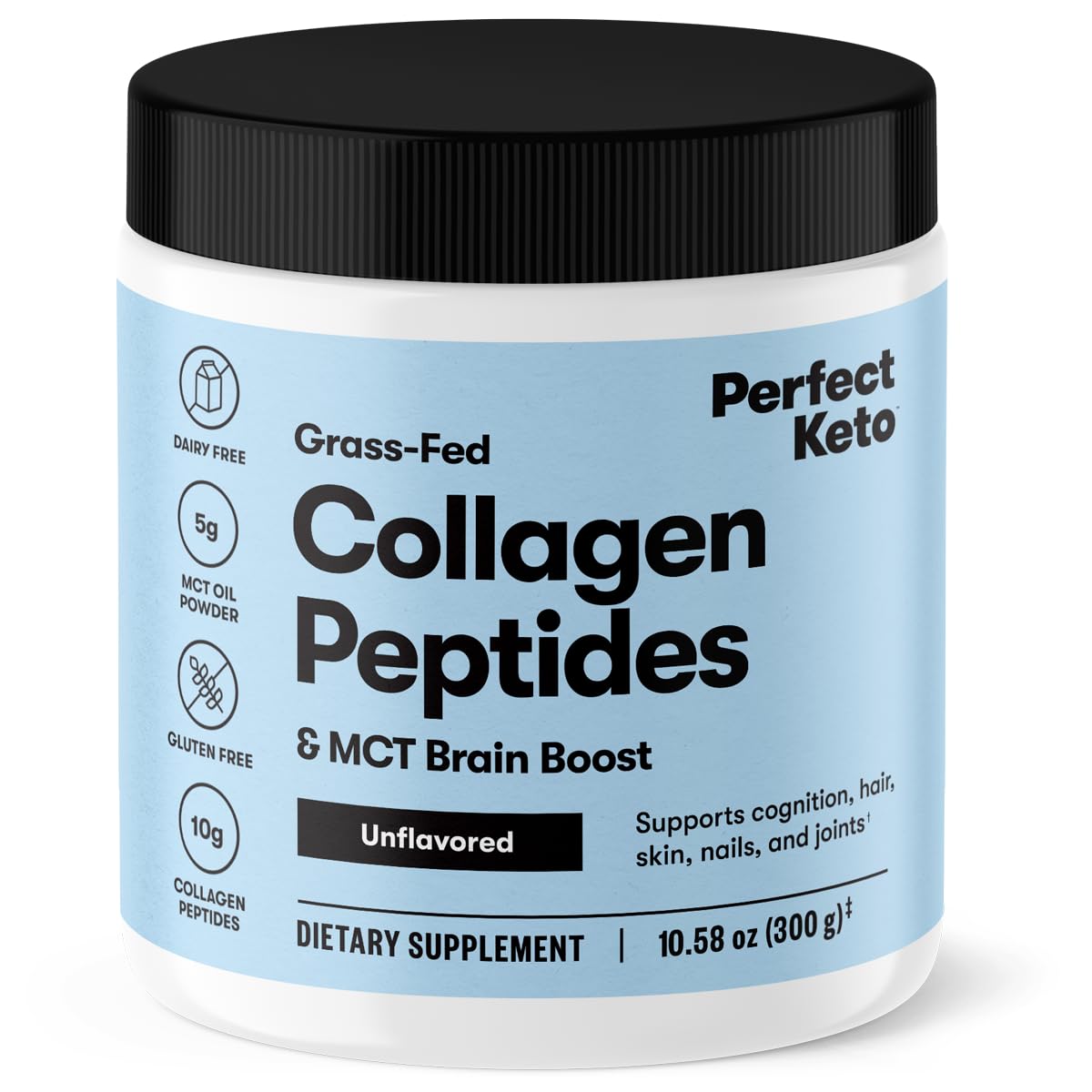 Perfect Keto Collagen powder bottle on shelf highlighting grass-fed collagen for hair and skin