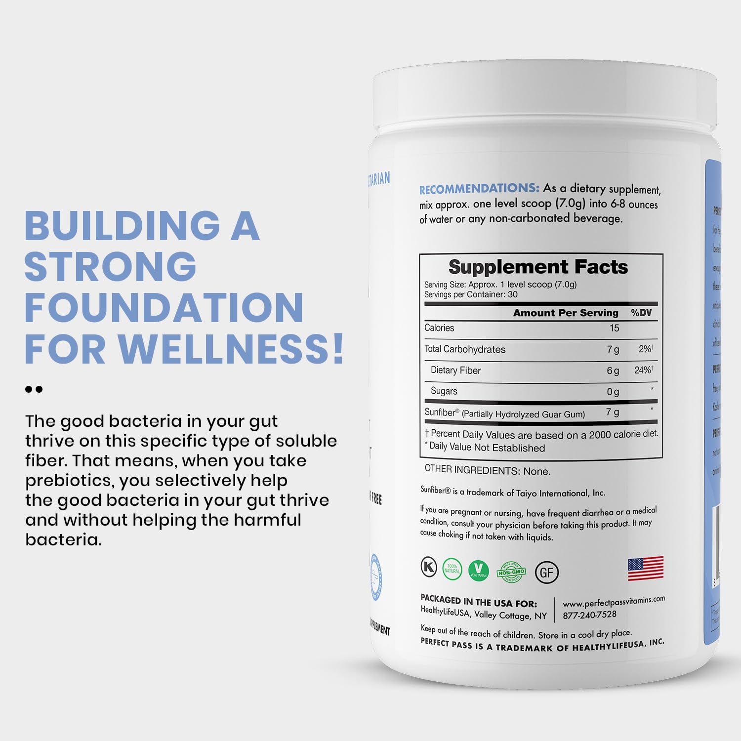 PERFECT PASS PHGG powder in a glass with water supporting easy daily gut wellness.
