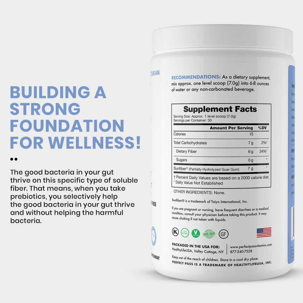 PERFECT PASS PHGG powder in a glass with water supporting easy daily gut wellness.