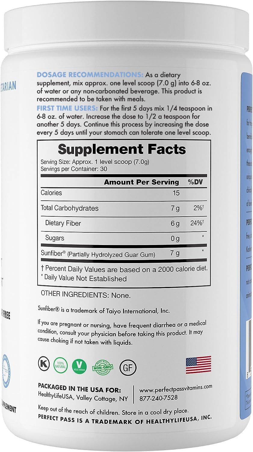 PERFECT PASS PHGG powder label highlights kosher, vegetarian, and sugar-free features.
