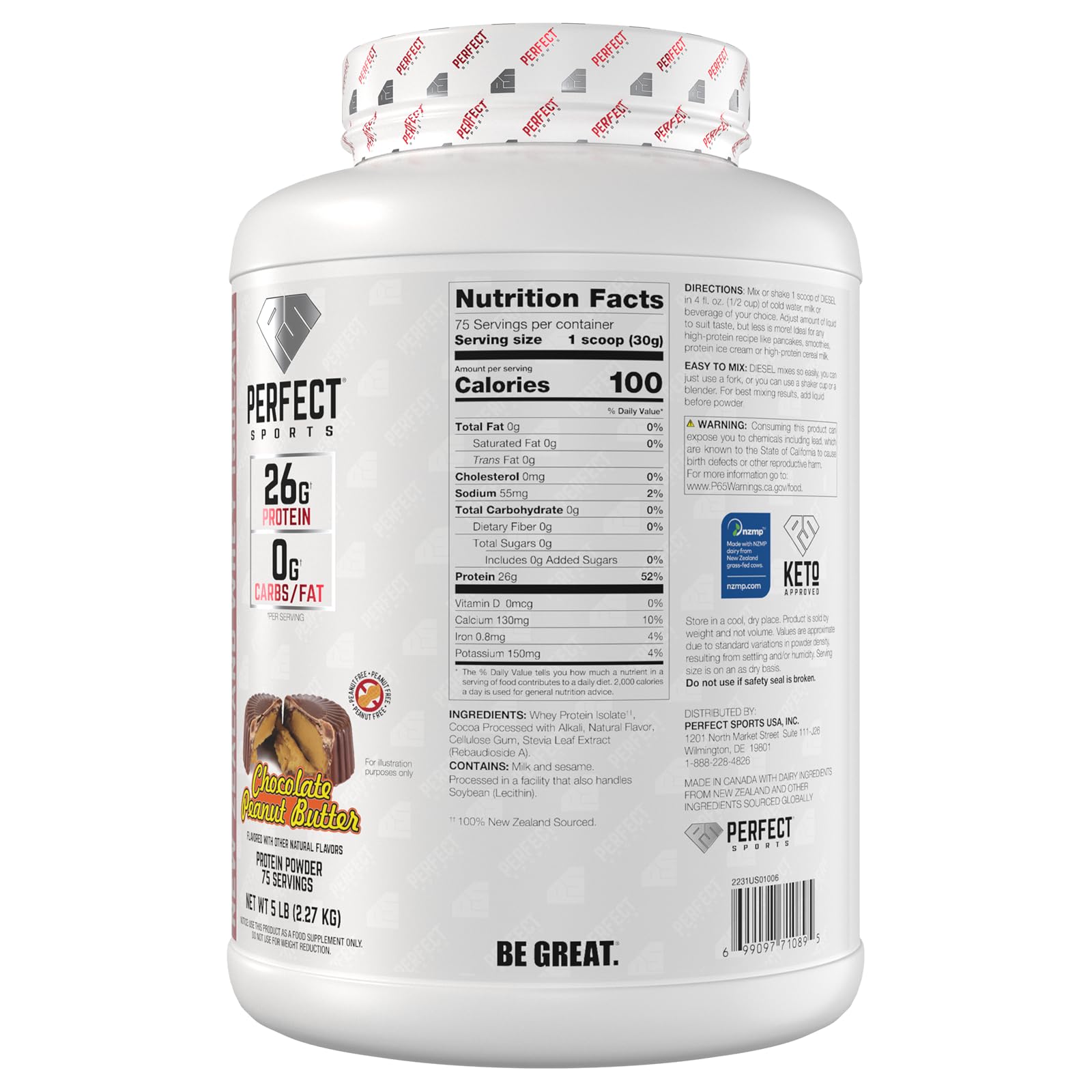 PERFECT SPORTS Diesel New Zealand Whey powder in cup shows clump-free mix
