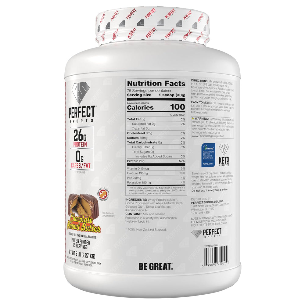 PERFECT SPORTS Diesel New Zealand Whey powder in cup shows clump-free mix