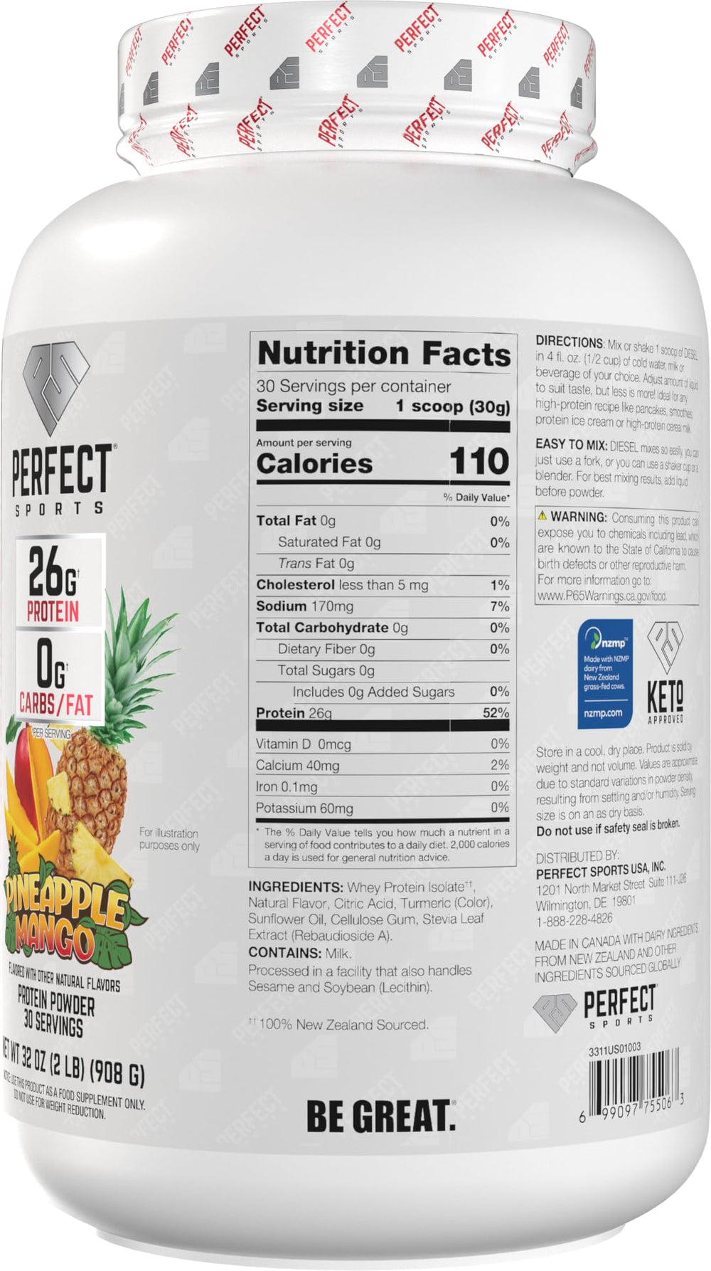 Perfect Sports Diesel New Zealand whey nutrition label, 0g carbs and 27g protein per serving for lean fueling.