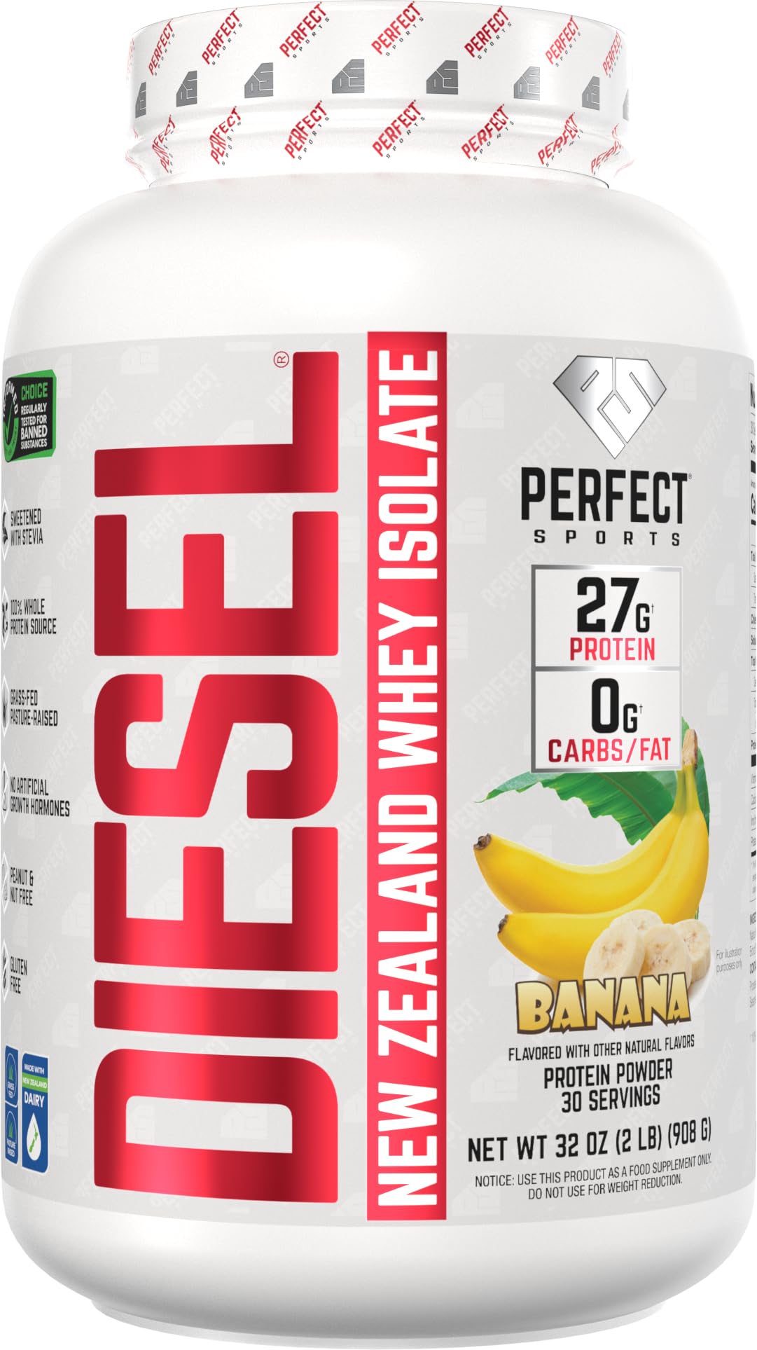 PERFECT SPORTS Diesel New Zealand whey protein isolate banana tub for lean muscle support.