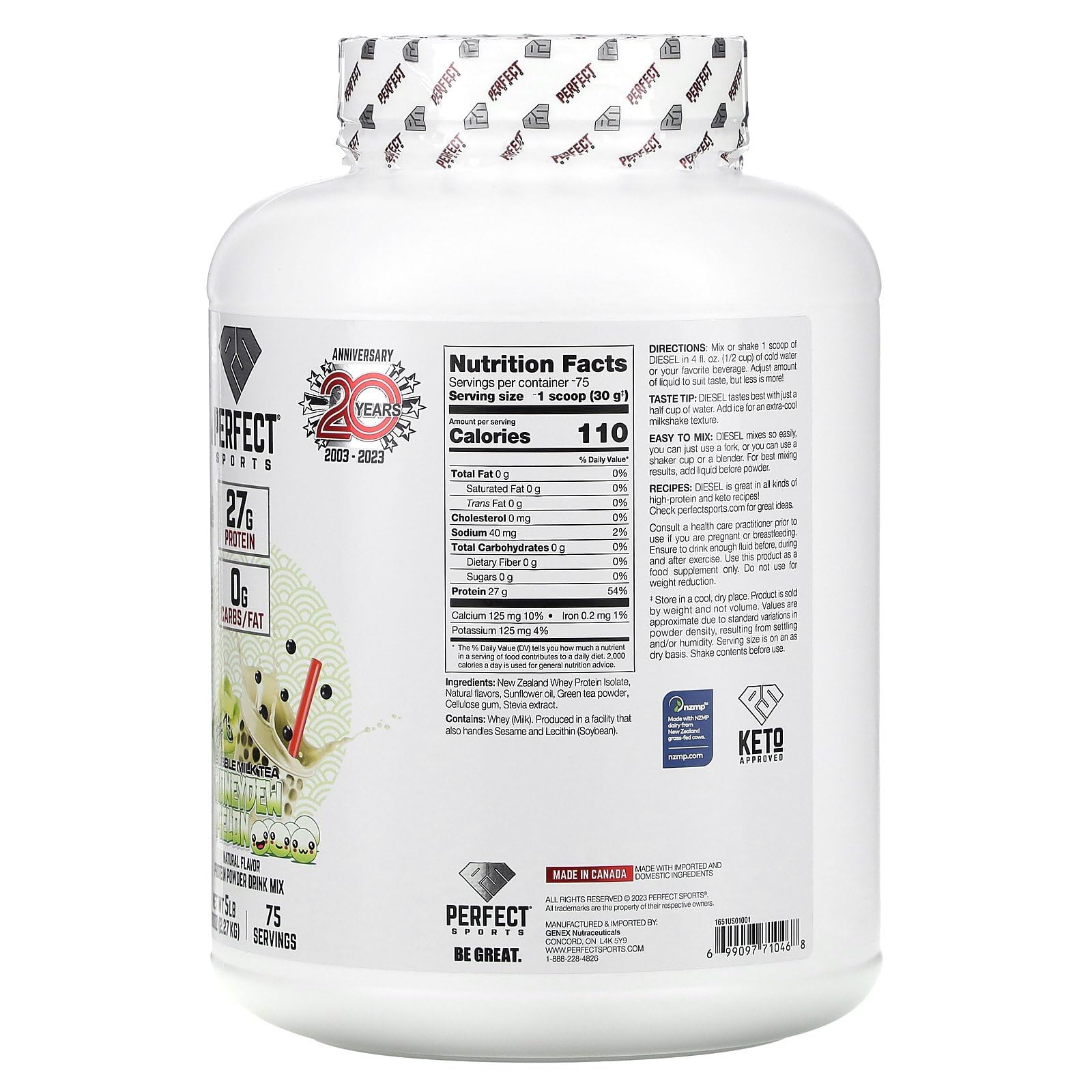 Perfect Sports Diesel whey shake ready for a keto-friendly protein boost on a desk