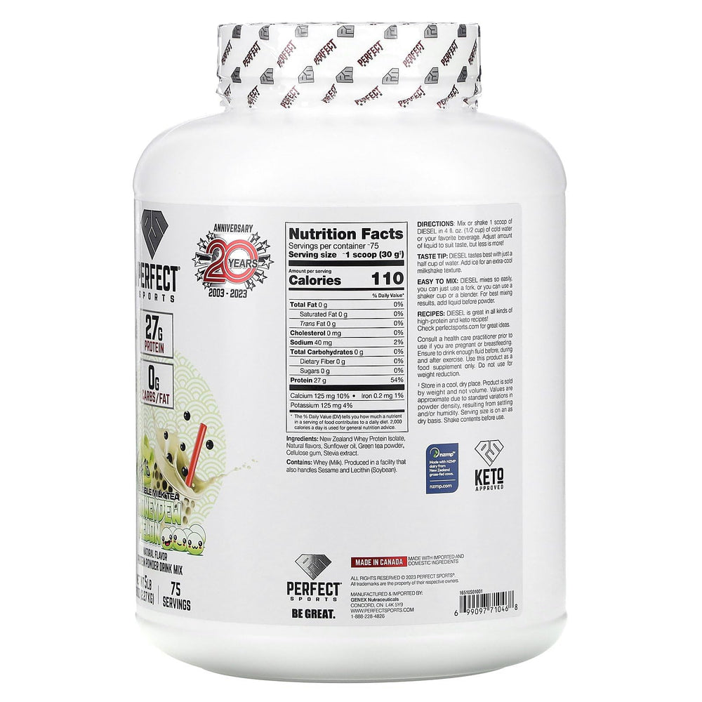 Perfect Sports Diesel whey shake ready for a keto-friendly protein boost on a desk