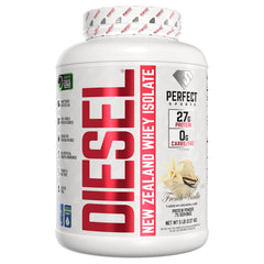 PERFECT SPORTS Diesel NZ Whey Isolate bottle shows premium protein from grass-fed dairy.