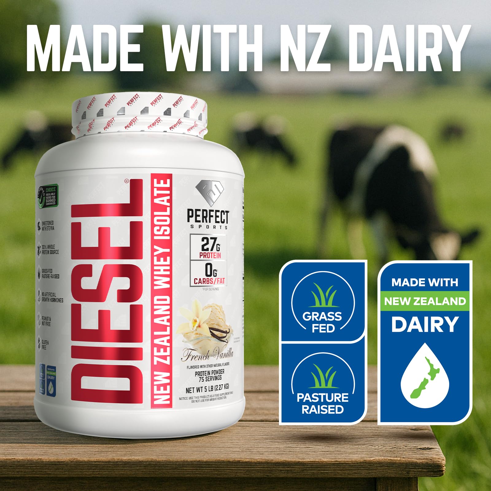 Powder tub highlights zero carb and 27g protein per serving.