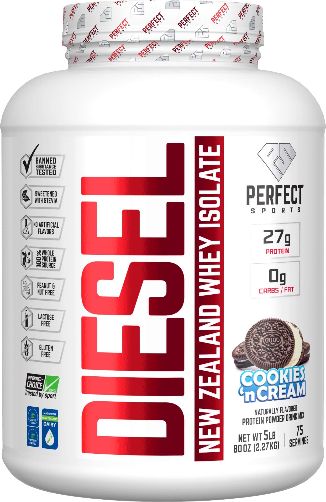 Perfect Sports Diesel Whey Isolate bottle showcases grass-fed, premium cookies 'n cream formula for shakes.