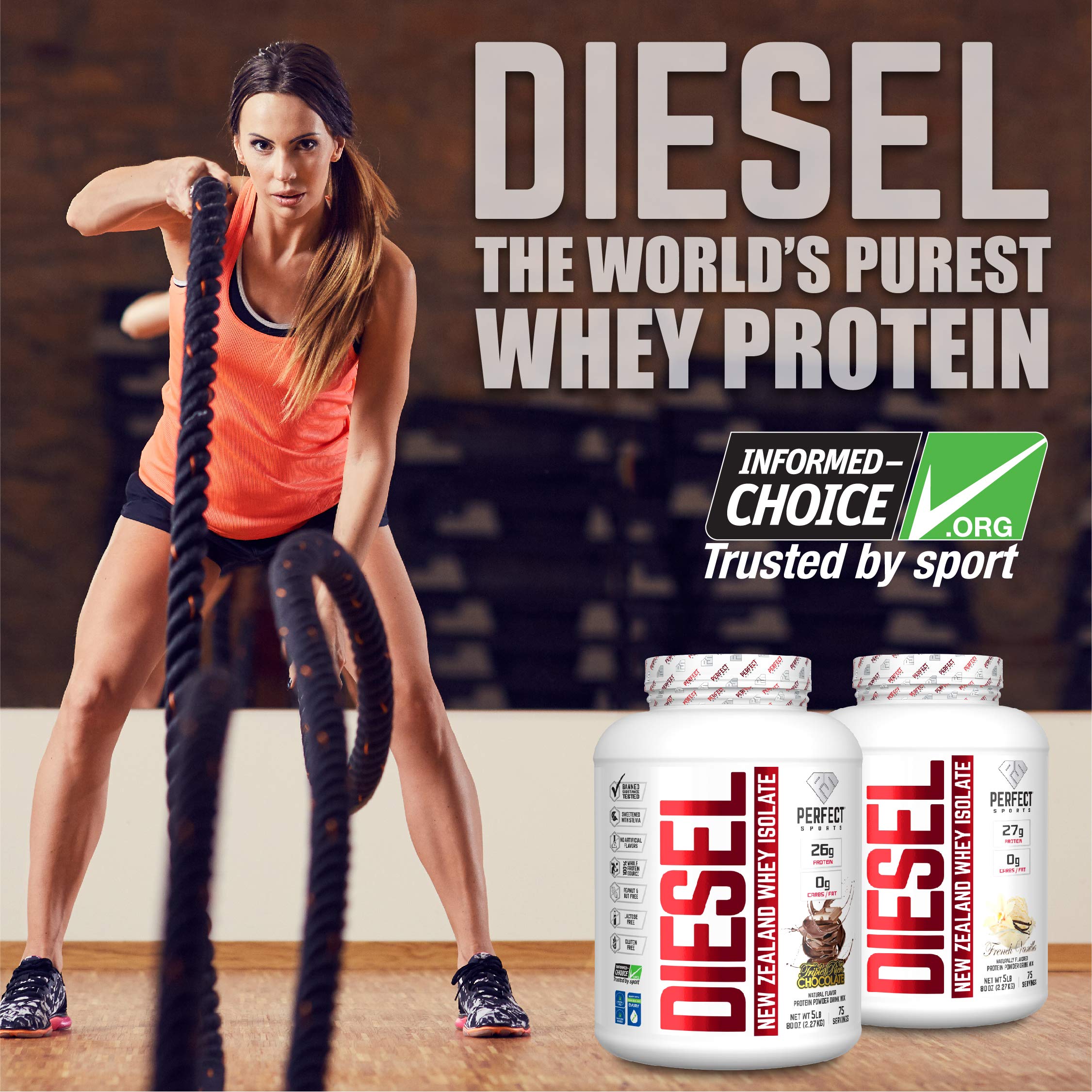 PERFECT Sports Diesel whey isolate chocolate wafer crisp label signals premium flavor.