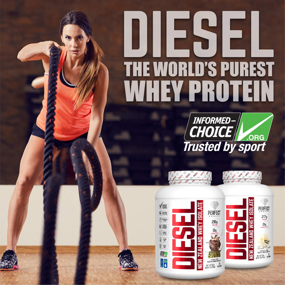 PERFECT Sports Diesel whey isolate chocolate wafer crisp label signals premium flavor.