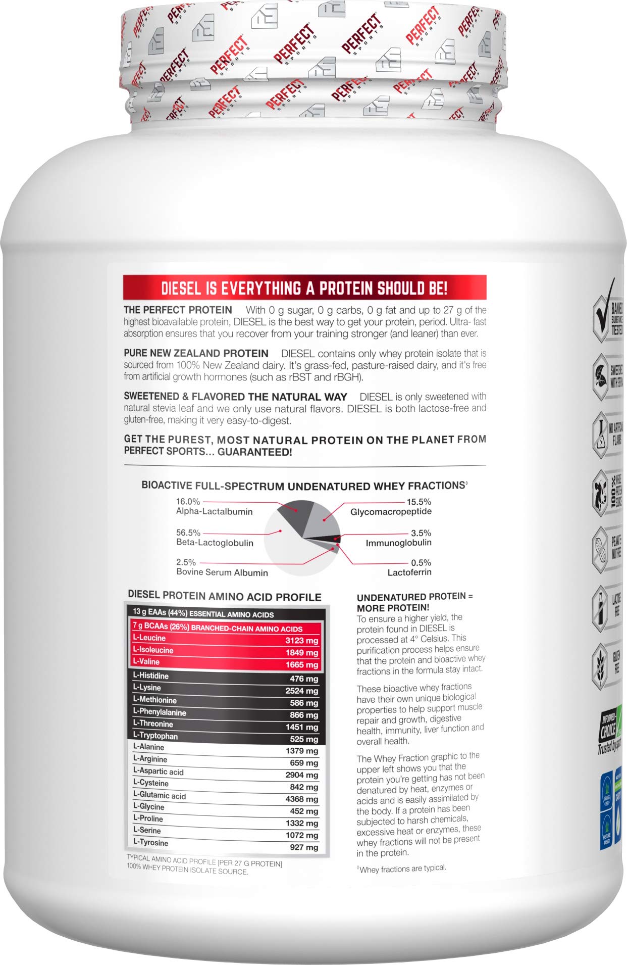 PERFECT Sports Diesel whey isolate nutrition panel highlights quality ingredients for fueling.