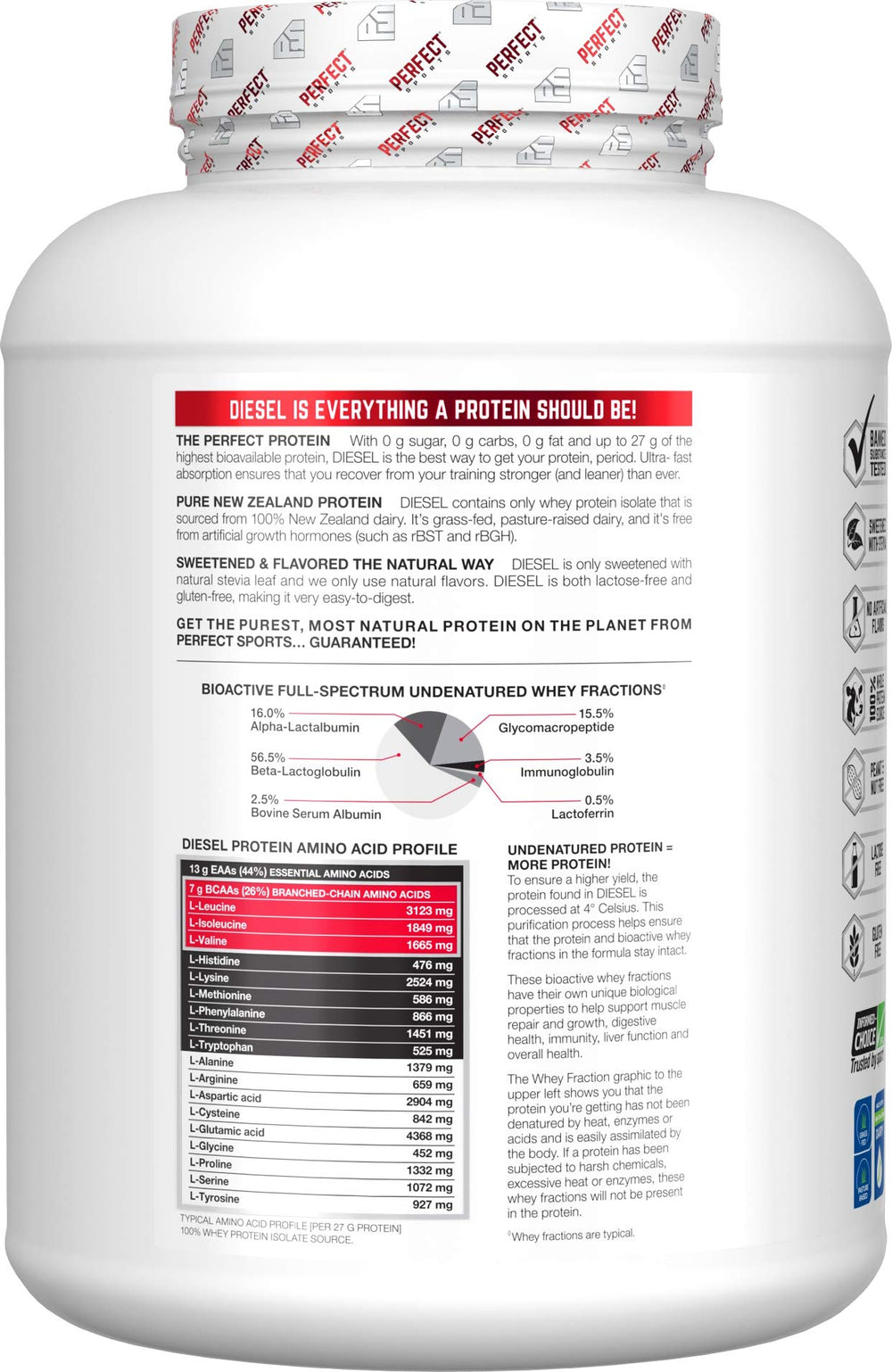 PERFECT Sports Diesel whey isolate nutrition panel highlights quality ingredients for fueling.