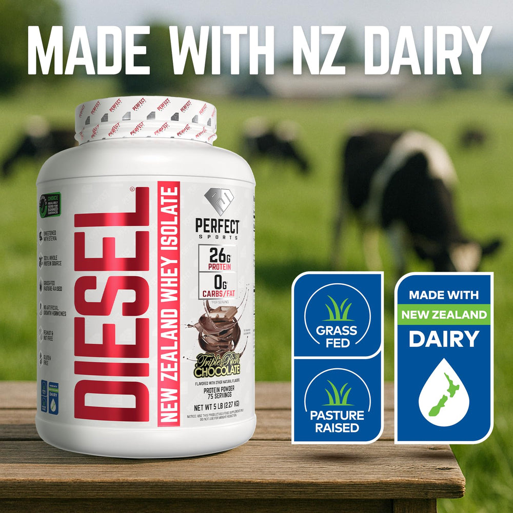 Perfect Sports Diesel whey isolate pour shows lactose-friendly formula supporting easy digestion.