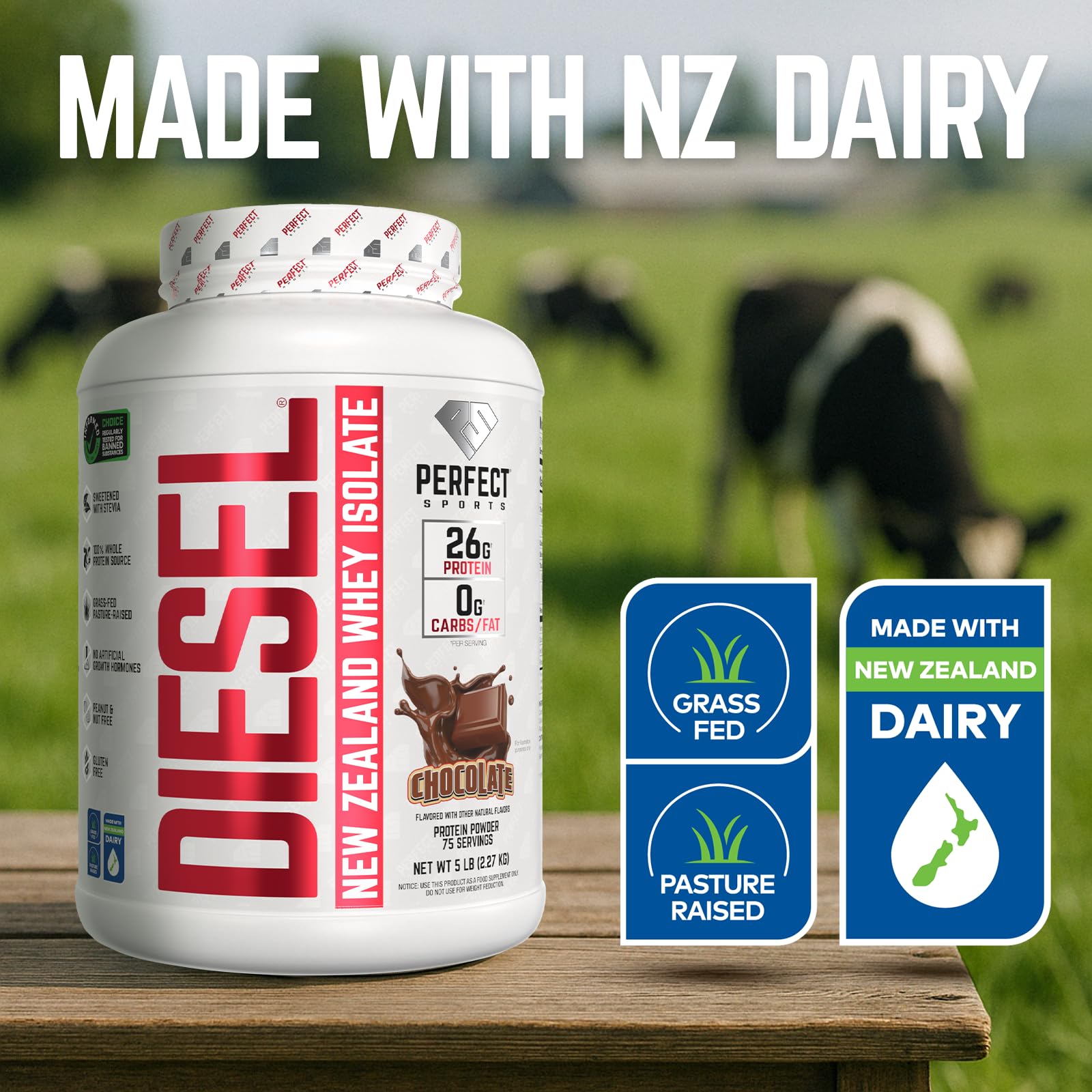 PERFECT SPORTS Diesel whey isolate being poured into a shaker for quick mixability