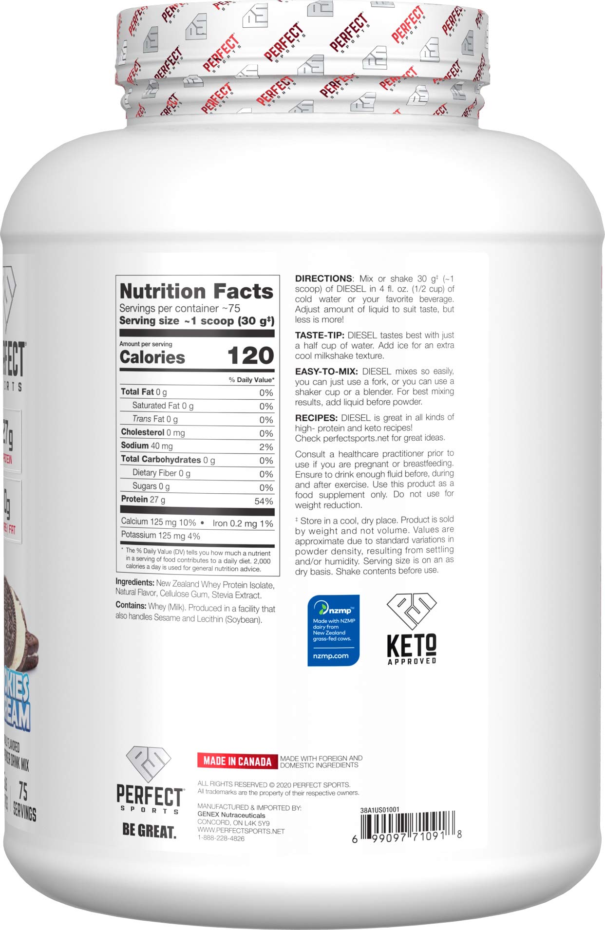Diesel Whey Isolate powder scoop highlights Cookies 'n Cream flavor for daily protein shakes.