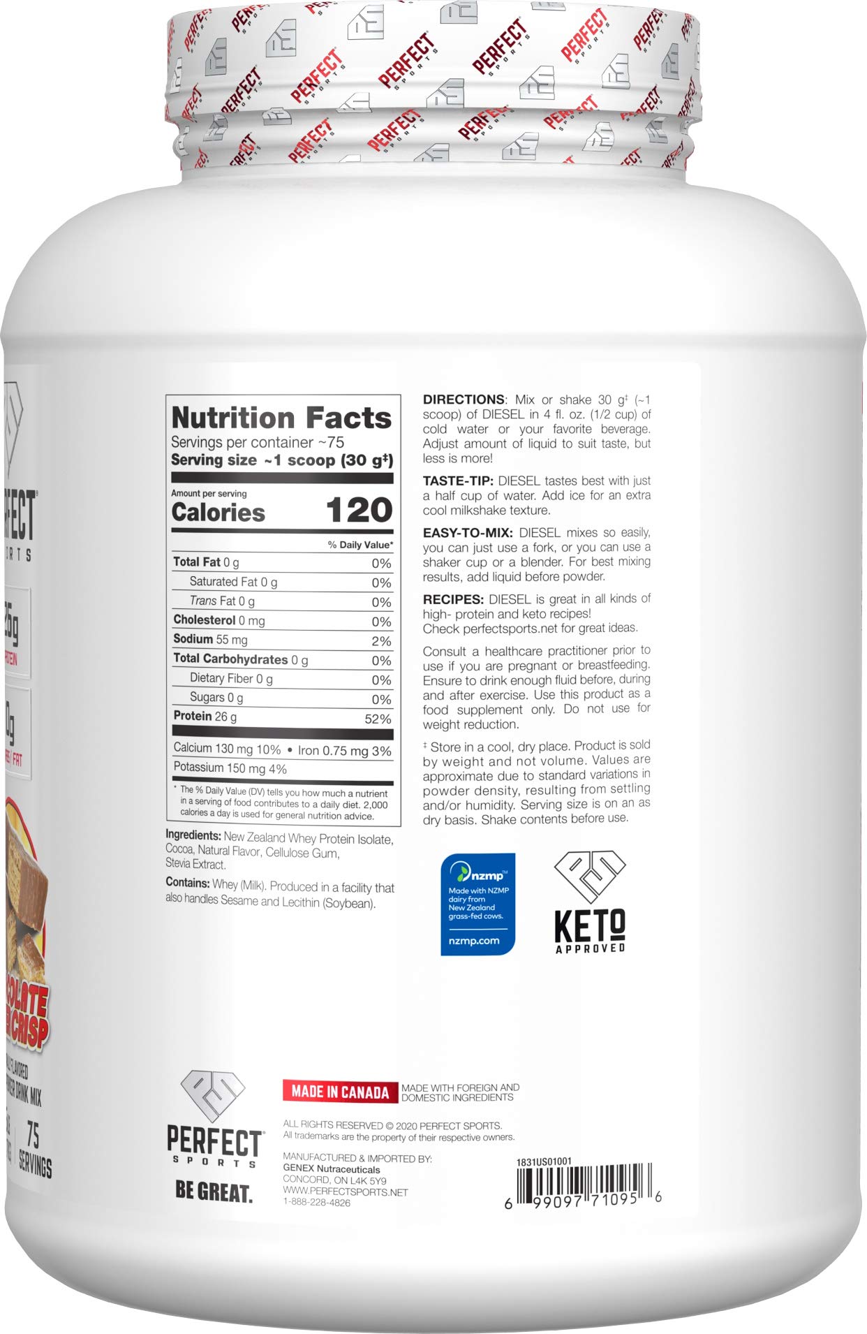PERFECT Sports Diesel whey isolate powder shown for quick, high-protein smoothies.