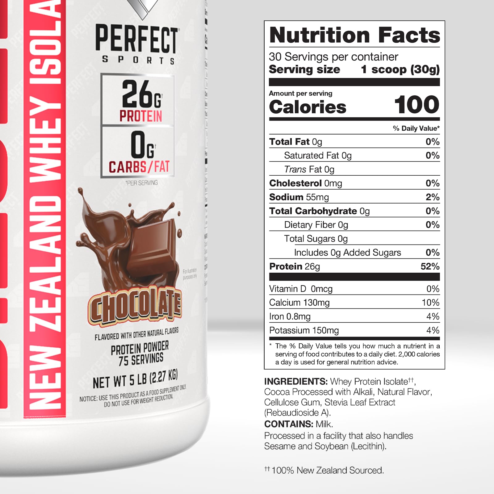 PERFECT SPORTS Diesel whey isolate tub label close-up highlighting Stevia-sweetened formula