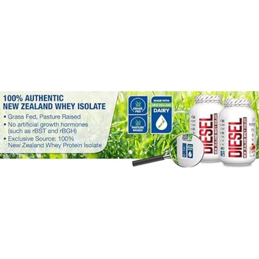 Diesel Whey Protein Isolate label highlighting New Zealand sourcing
