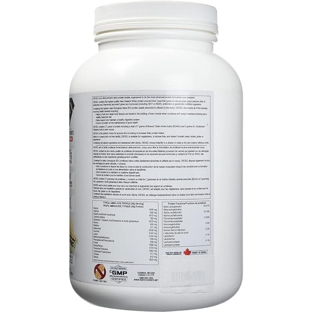 Diesel Whey Protein Isolate powder jar on kitchen counter