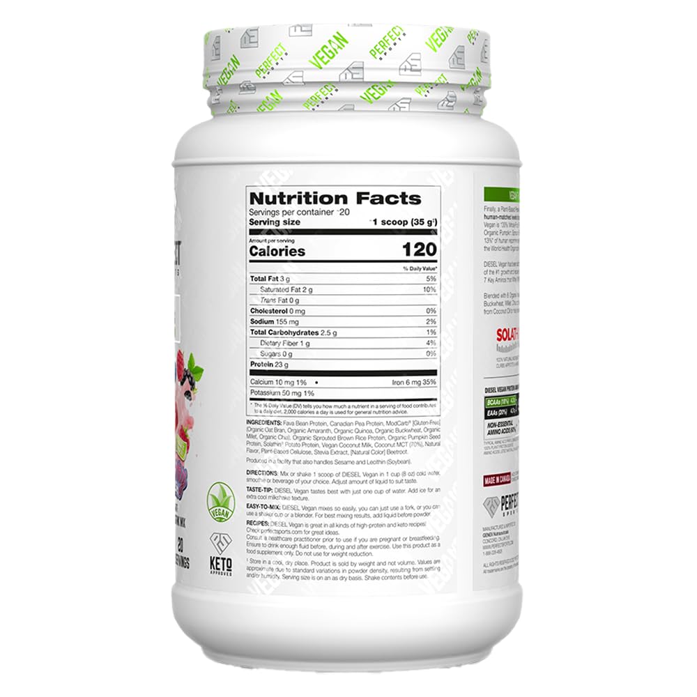 PERFECT SPORTS Vegan Diesel very berry splash bottle pour highlights lactose-free, keto-friendly nutrition