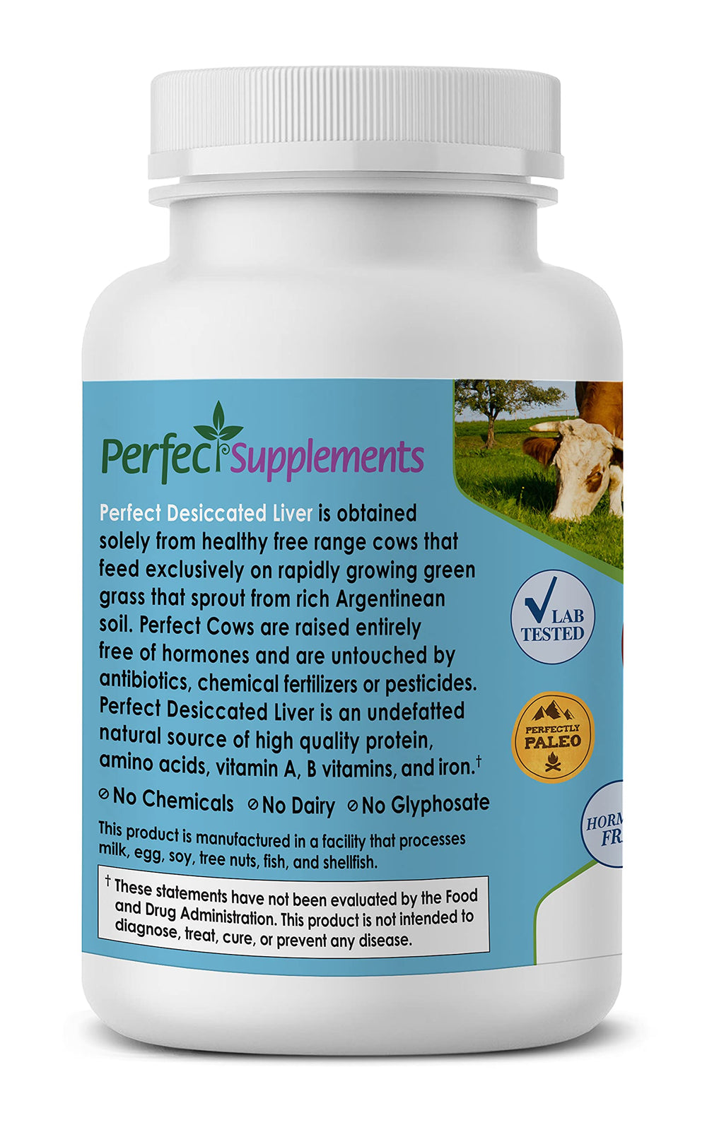 Perfect Supplements desiccated liver nutrition label showing vitamins A and B and iron.