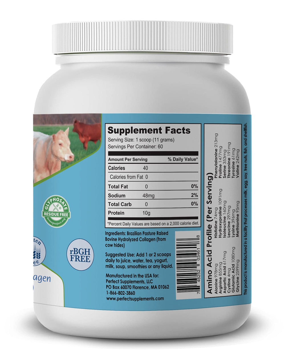 Perfect Supplements collagen powder label close-up shows Type I & III collagen for protein support