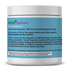 Perfect Supplements magnesium citrate powder dissolving in water—smooth mix and fast absorption.