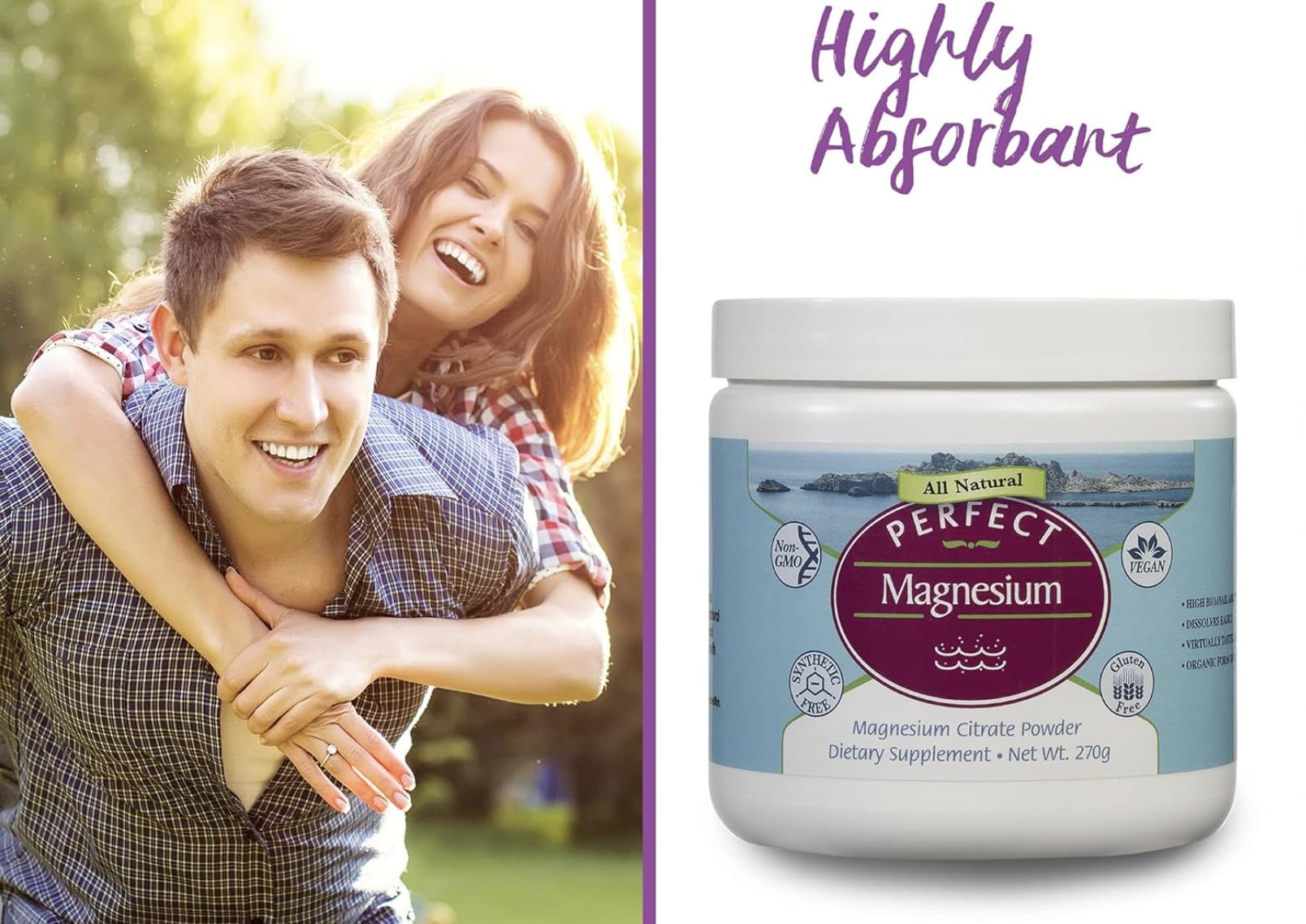 Perfect Supplements magnesium citrate powder with glass of water—easy daily supplementation.