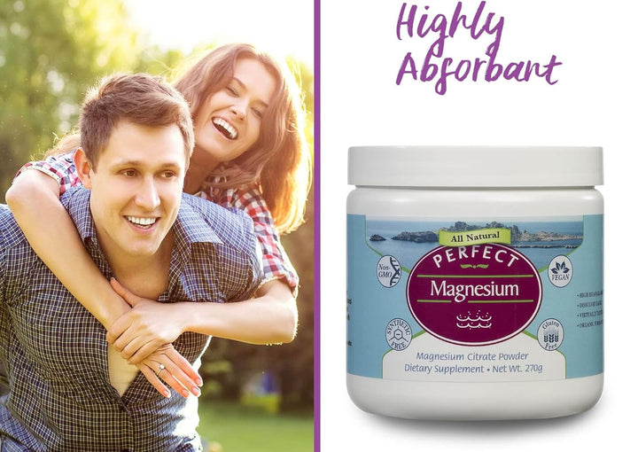 Perfect Supplements magnesium citrate powder with glass of water—easy daily supplementation.